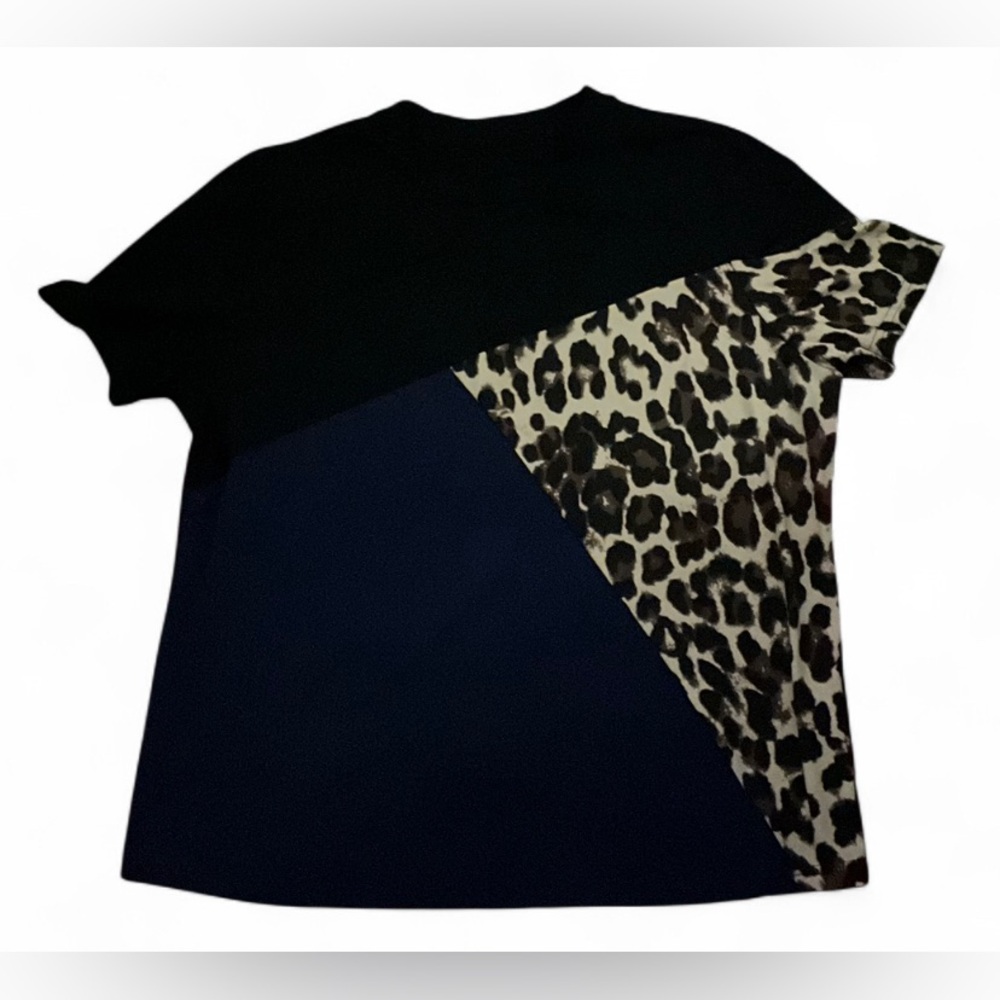 Women’s Colorblock Leopard Print Blouse Size 3 Black Navy Short Sleeve Top
